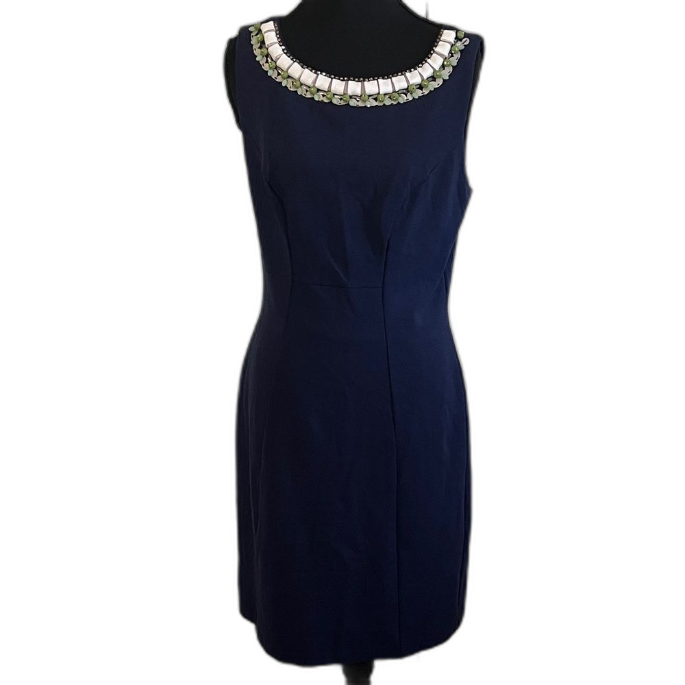 Boden Navy Blue Ponte Midi Dress Beaded Ribbon Size 8